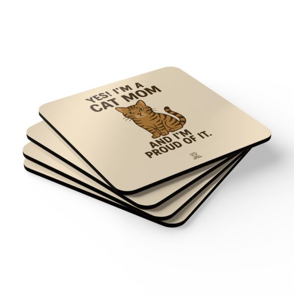 Yes,I’m a Çat Mom and I’m proud of it Corkwood Coaster Set | Cute Cat Heart Illustration - Image 3