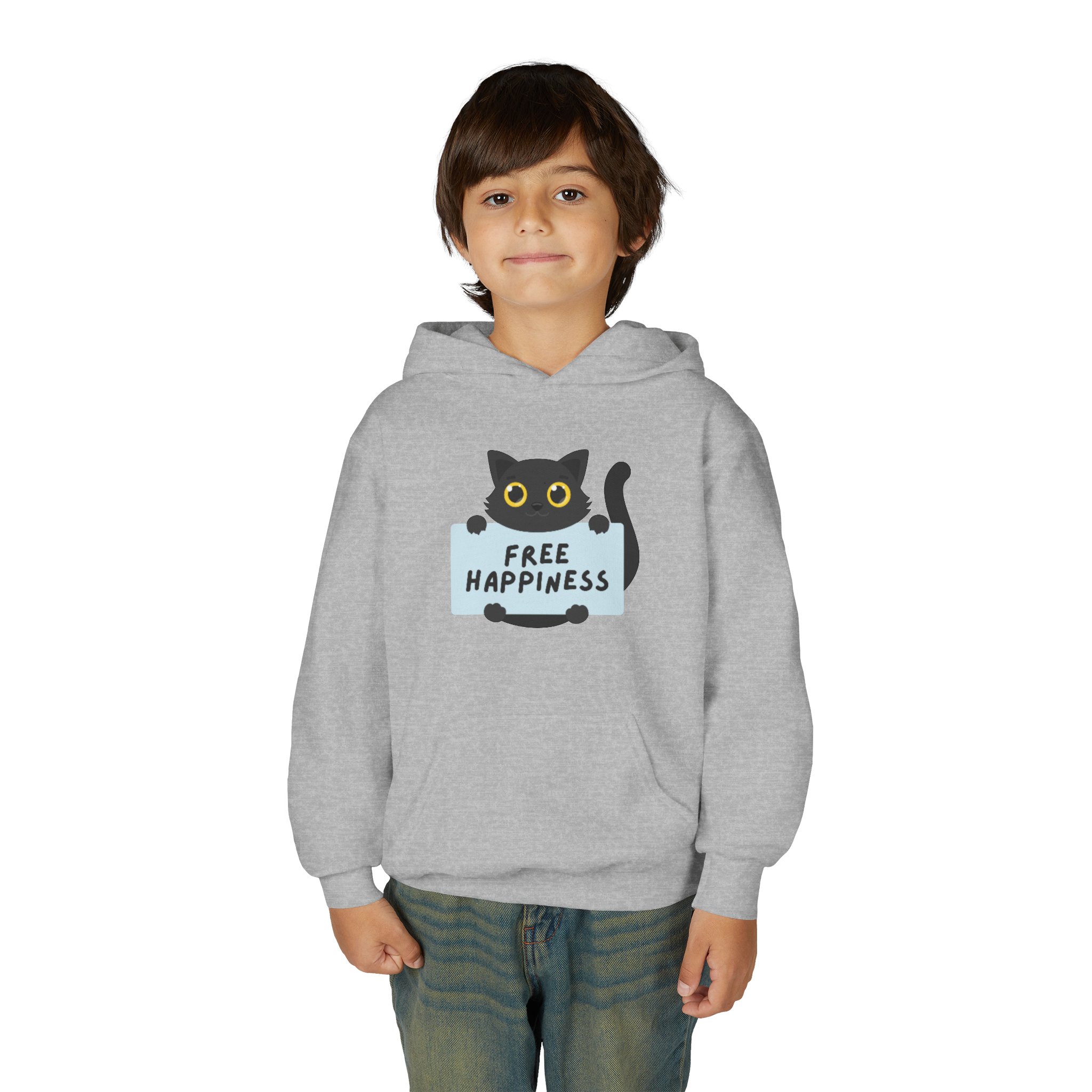 Free Happiness Cat Youth Hoodie | Cute Black Cat Graphic - Image 7