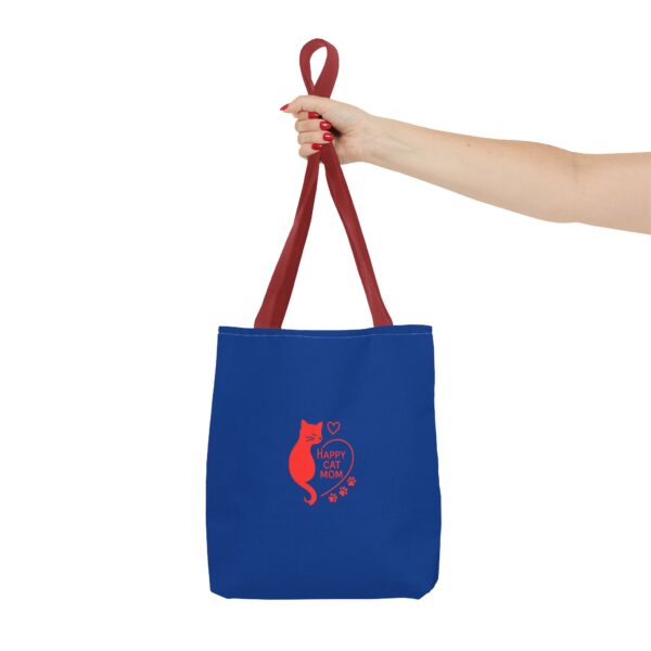 Cat Mom Tote Bag - Happy Cat Mom Gift, Blue AOP Bag, Cat Lover Accessories, Practical Shopping Tote, Cute Pet Owner Bag - Image 4