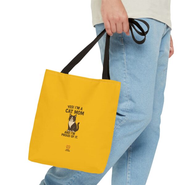 Cat Mom Tote Bag - Proud Cat Owner Gift, Funny Gift for Cat Lovers, Yellow AOP Tote, Everyday Use, Eco-Friendly Shopping Bag - Image 3