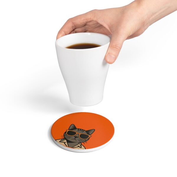 Cool Cat with Sunglasses Ceramic Coaster | Orange Retro Cat Design - Image 4