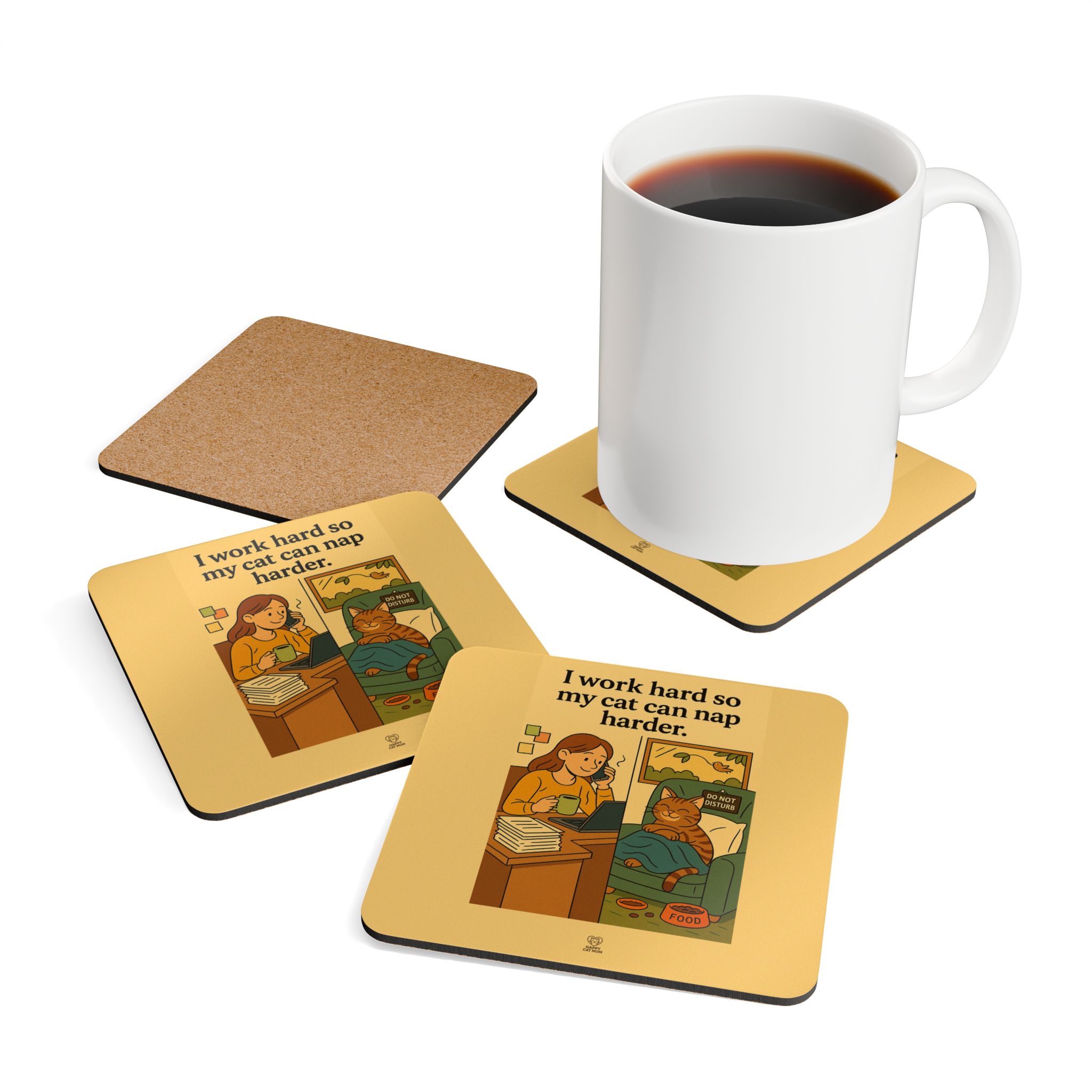 I work hard so my cat can nap harder Corkwood Coaster Set | Cat Lover Coasters - Image 4