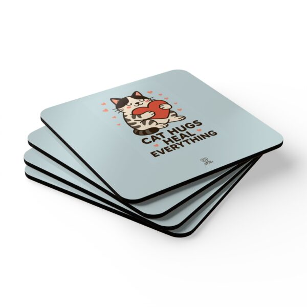 Cat Hugs Heal Everything Corkwood Coaster Set | Cute Cat Heart Illustration - Image 3