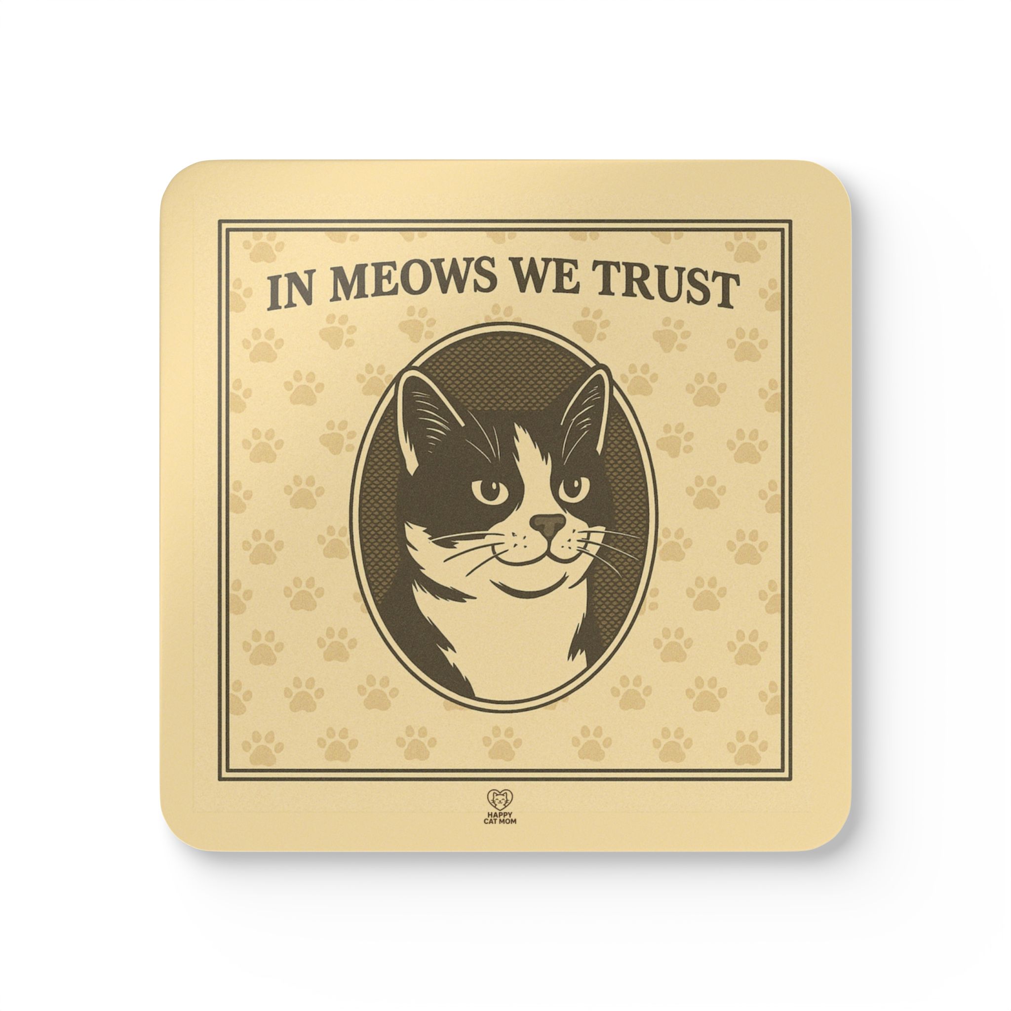 In Meows We Trust Cat Portrait Corkwood Coaster Set | Vintage Paw Print Pattern