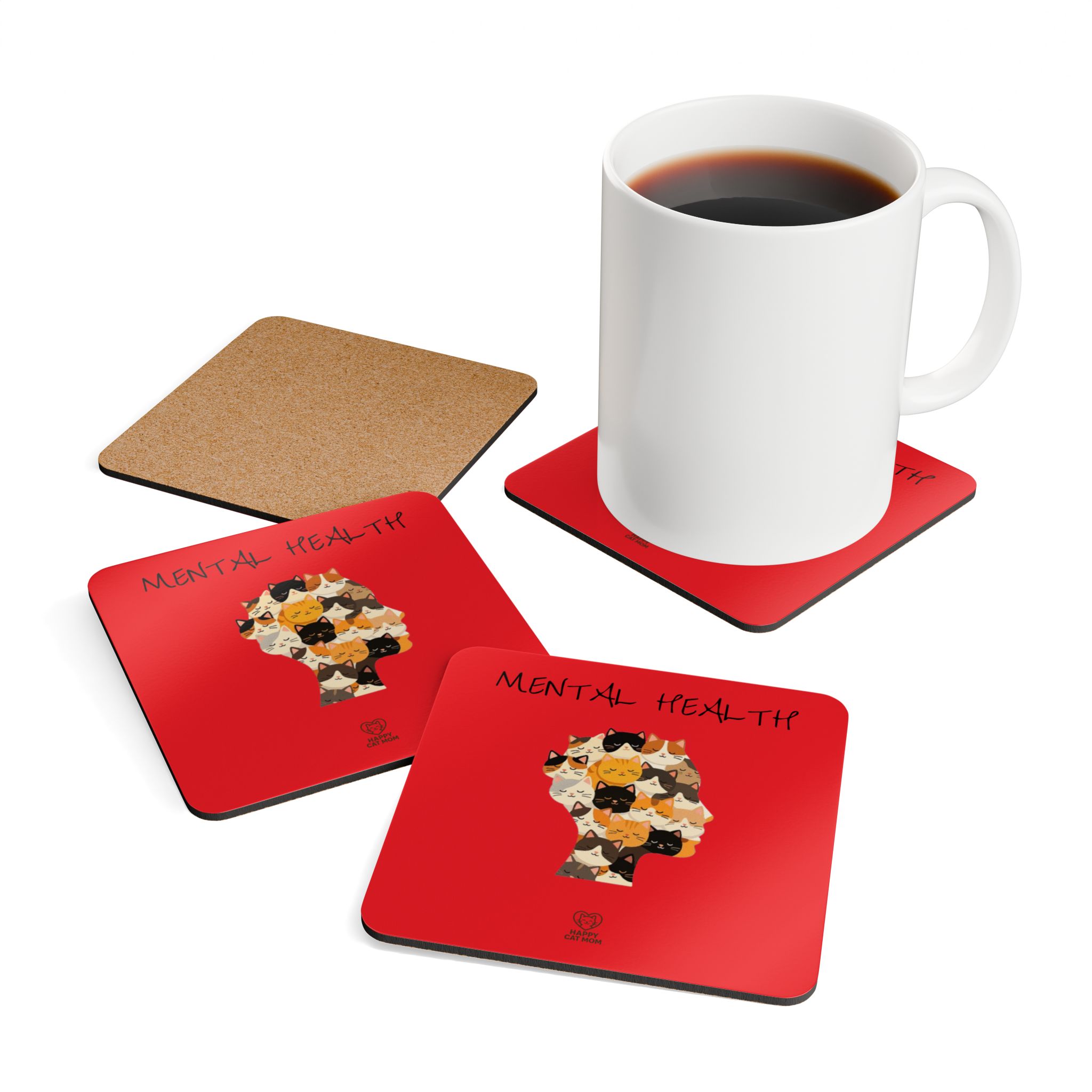 Mental Health Cat Silhouette Corkwood Coaster Set | Red Cat Head Design - Image 4