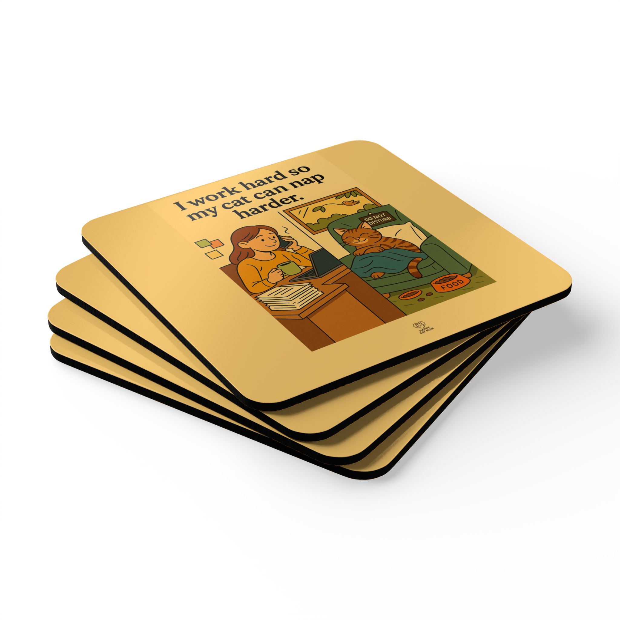I work hard so my cat can nap harder Corkwood Coaster Set | Cat Lover Coasters - Image 3