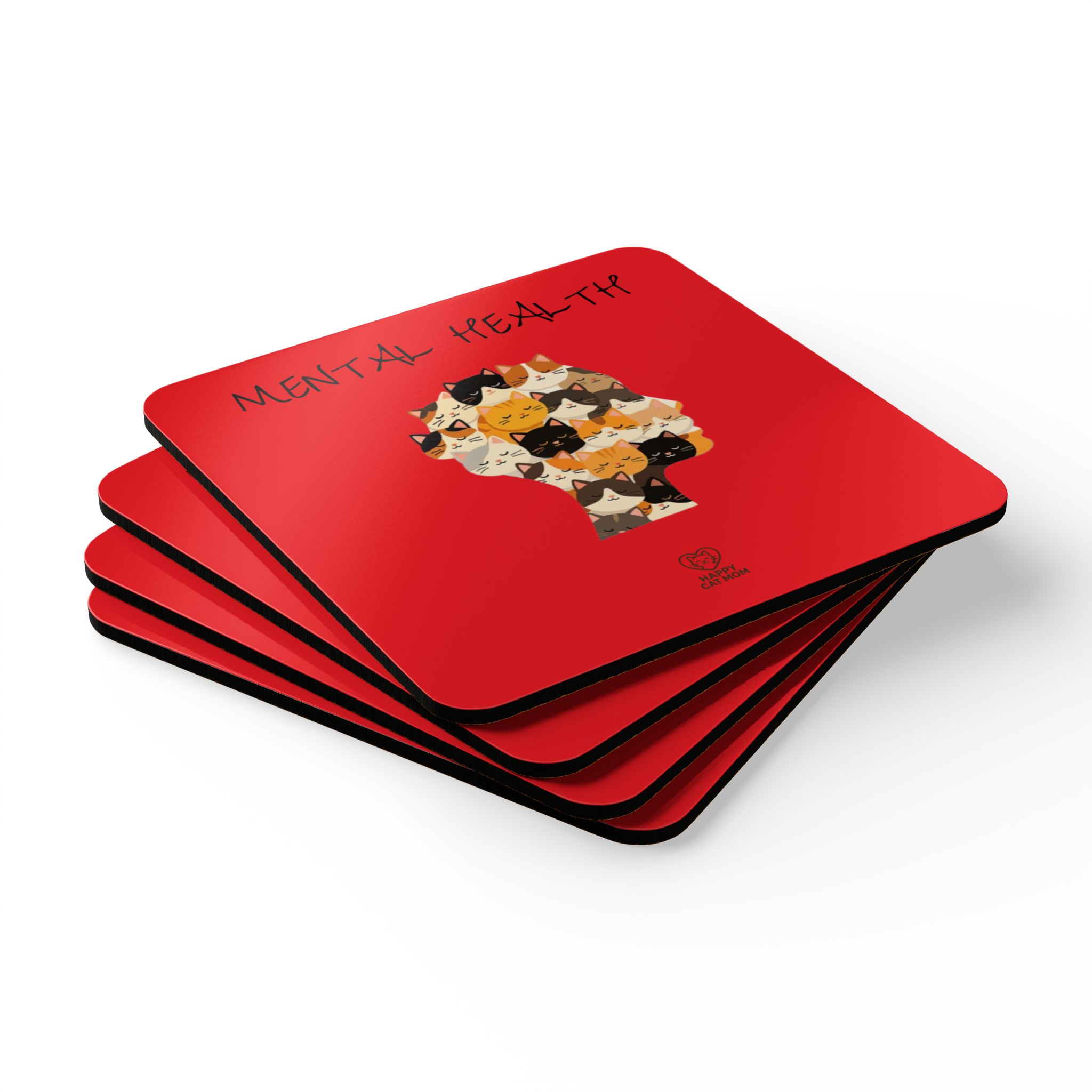 Mental Health Cat Silhouette Corkwood Coaster Set | Red Cat Head Design - Image 3