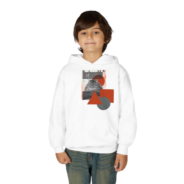 Unstoppable Cat Hoodie | Geometric Retro Collage Youth Sweatshirt - Image 3