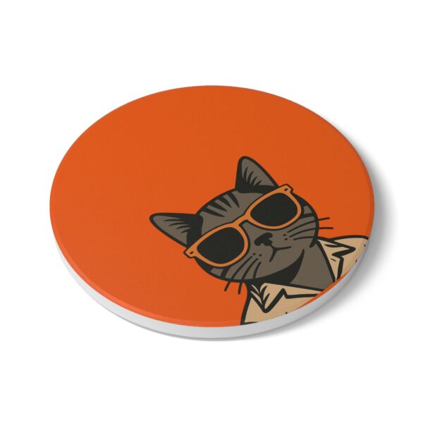 Cool Cat with Sunglasses Ceramic Coaster | Orange Retro Cat Design - Image 3