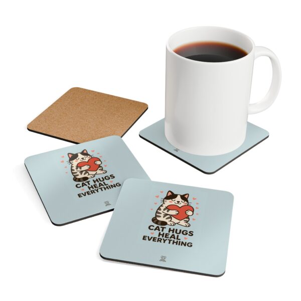 Cat Hugs Heal Everything Corkwood Coaster Set | Cute Cat Heart Illustration - Image 4