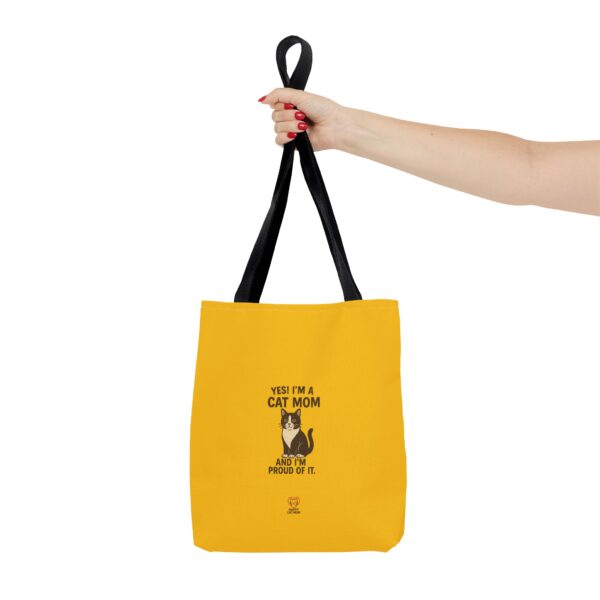 Cat Mom Tote Bag - Proud Cat Owner Gift, Funny Gift for Cat Lovers, Yellow AOP Tote, Everyday Use, Eco-Friendly Shopping Bag - Image 4