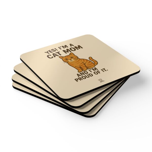 Yes,I’m a Çat Mom and I’m proud of it Corkwood Coaster Set | Cute Cat Heart Illustration - Image 3