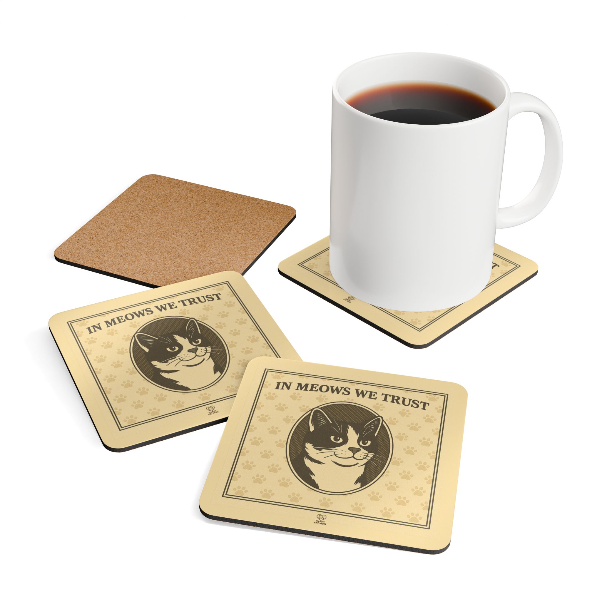 In Meows We Trust Cat Portrait Corkwood Coaster Set | Vintage Paw Print Pattern - Image 4