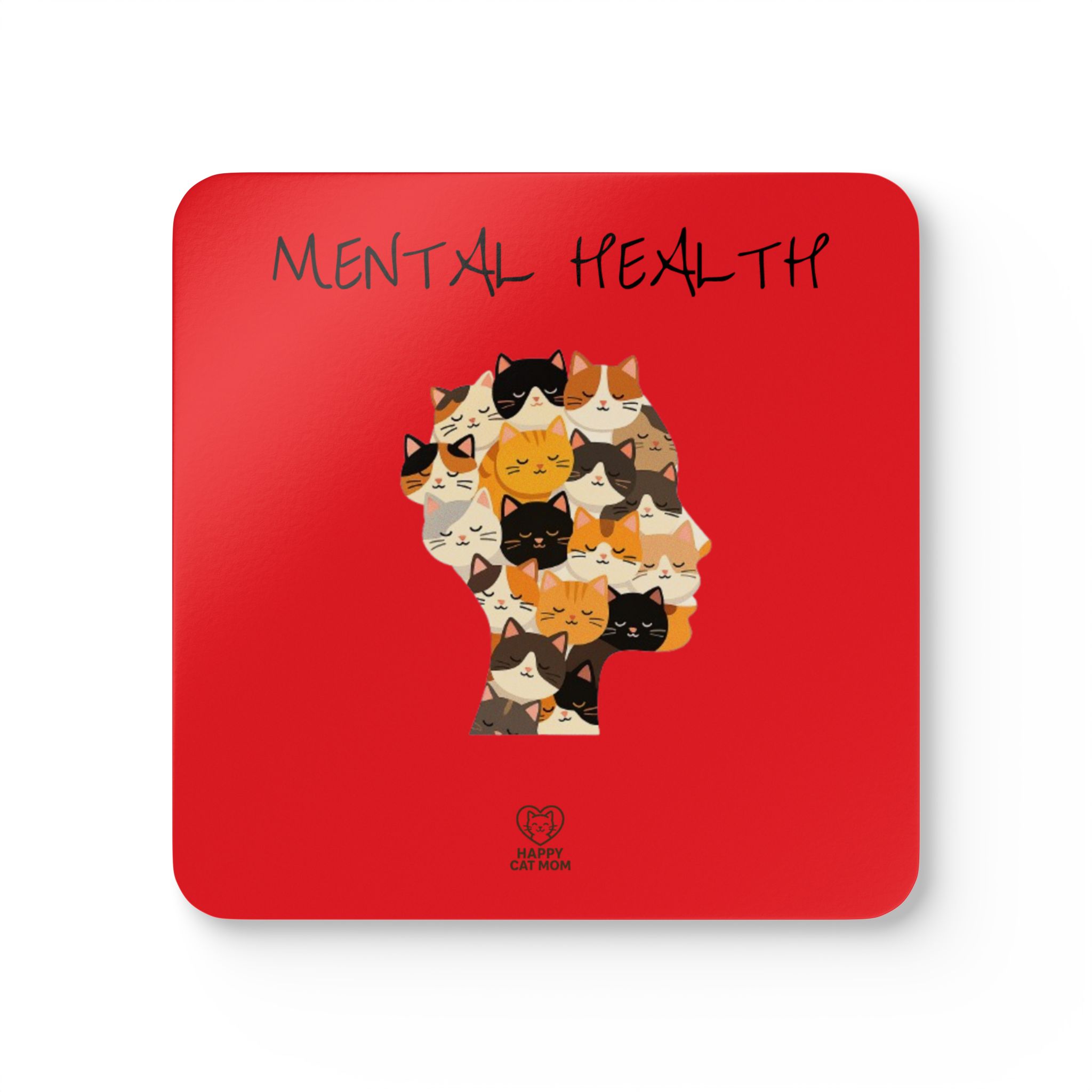 Mental Health Cat Silhouette Corkwood Coaster Set | Red Cat Head Design