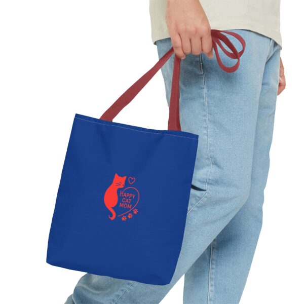 Cat Mom Tote Bag - Happy Cat Mom Gift, Blue AOP Bag, Cat Lover Accessories, Practical Shopping Tote, Cute Pet Owner Bag - Image 3