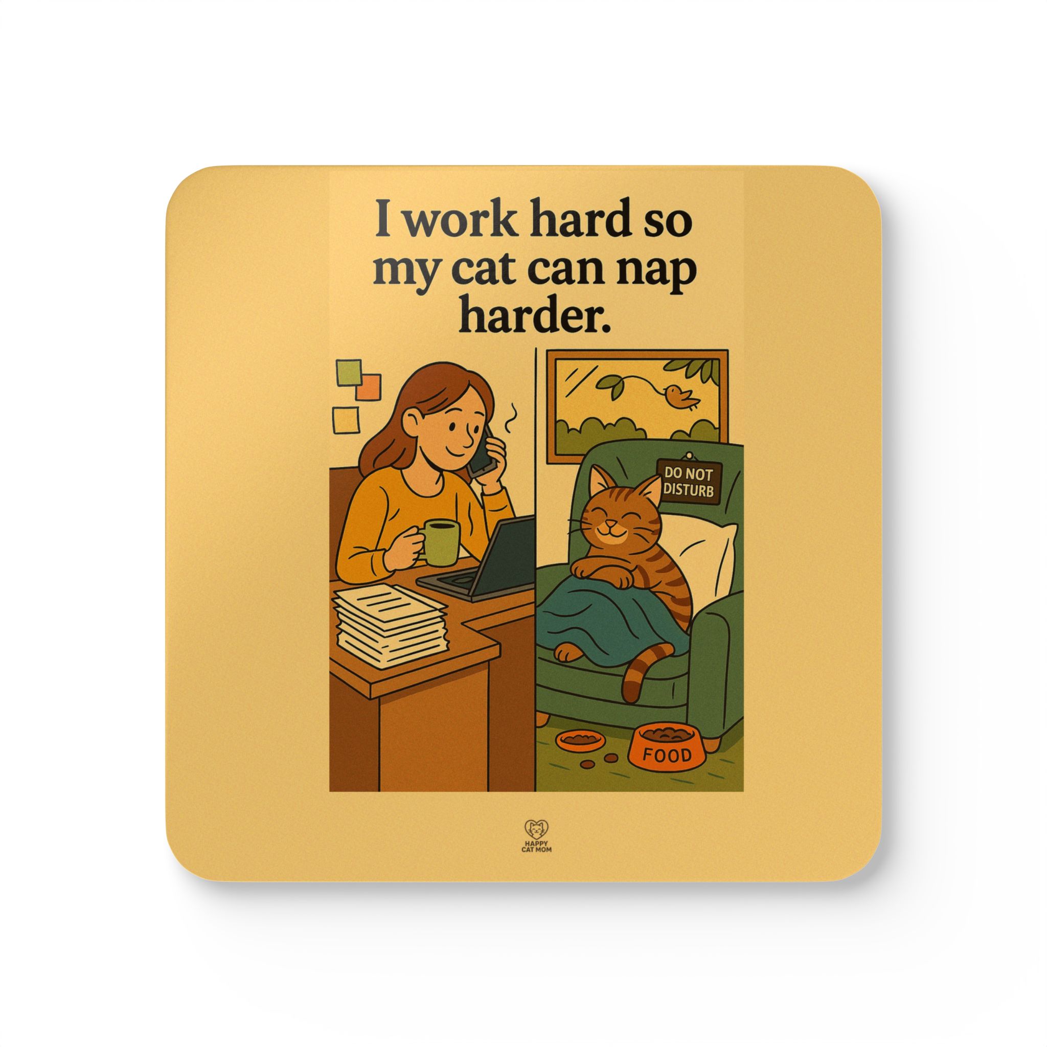 I work hard so my cat can nap harder Corkwood Coaster Set | Cat Lover Coasters