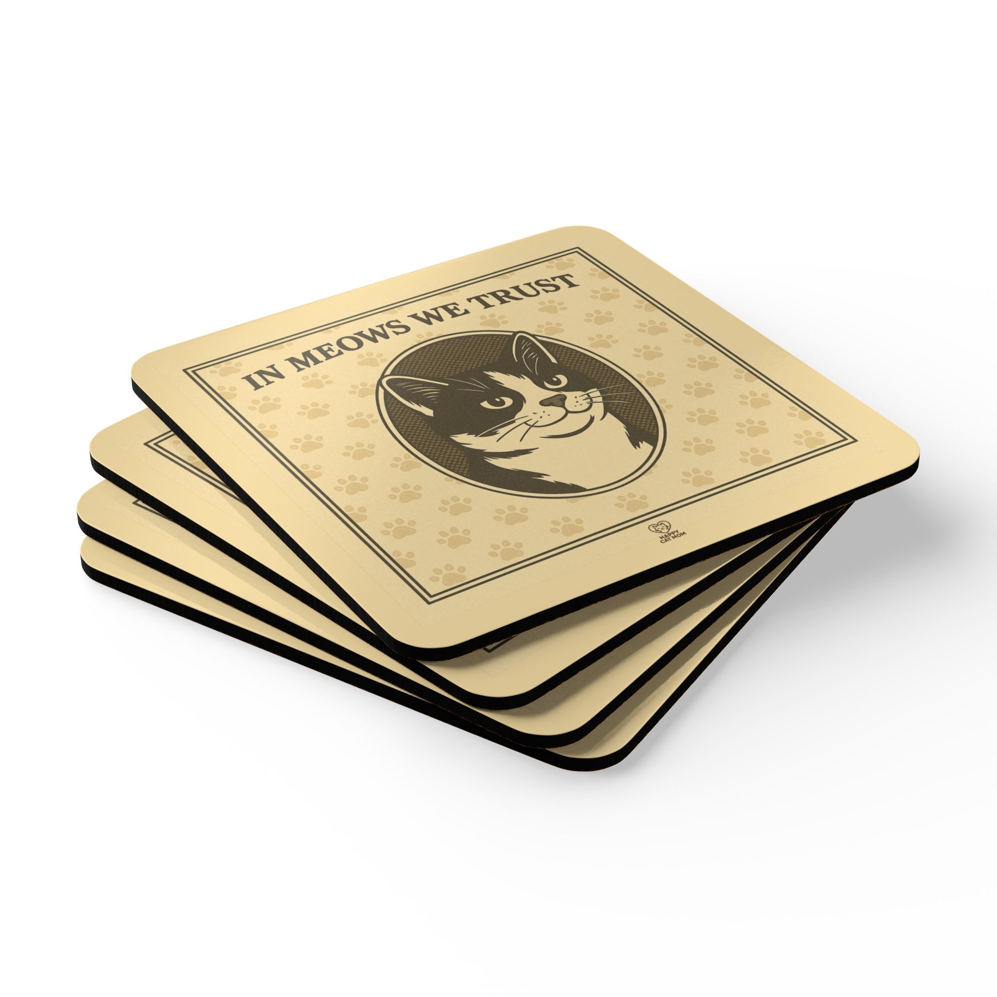 In Meows We Trust Cat Portrait Corkwood Coaster Set | Vintage Paw Print Pattern - Image 3
