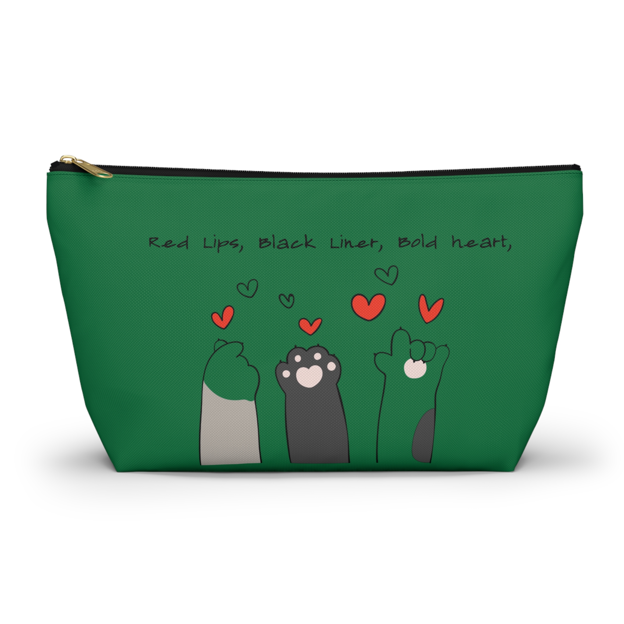 Cat Paw Hearts Accessory Pouch | Green T-Bottom Makeup Bag