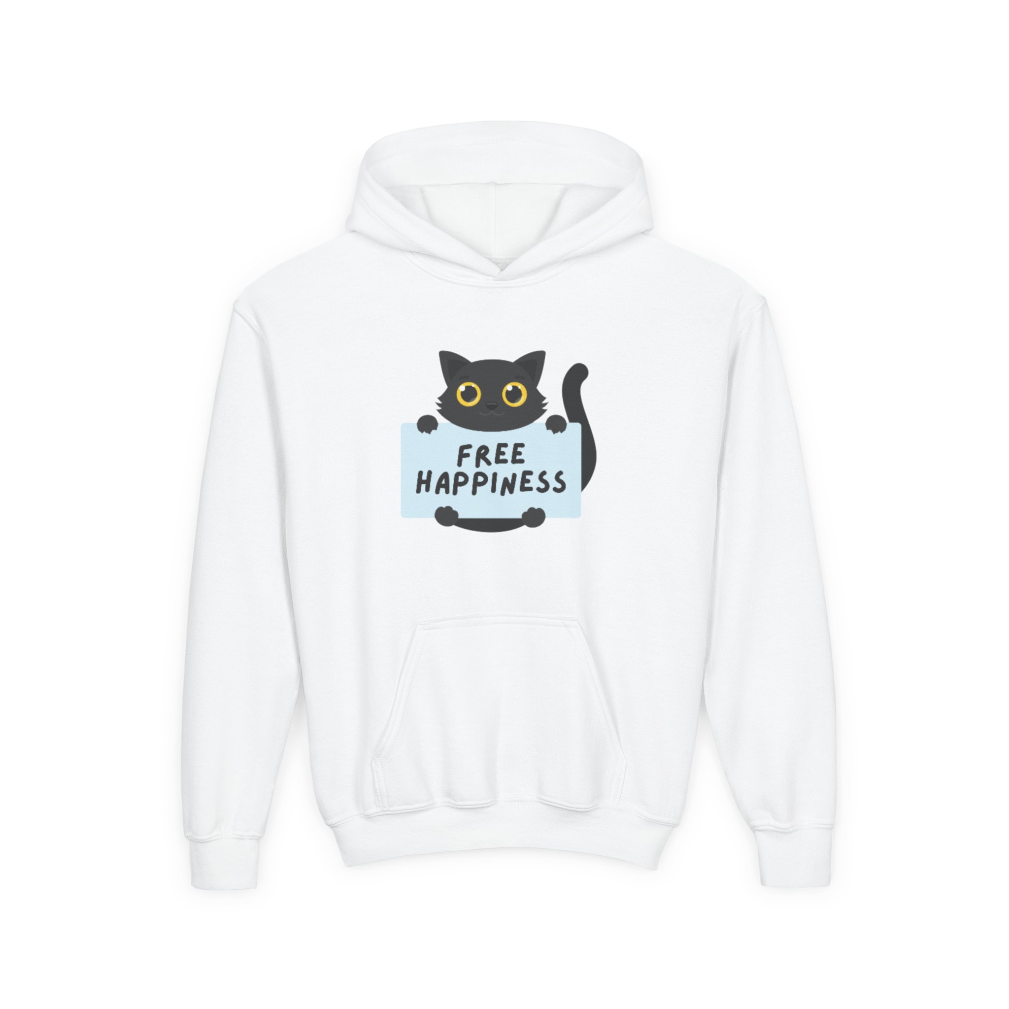 Free Happiness Cat Youth Hoodie | Cute Black Cat Graphic