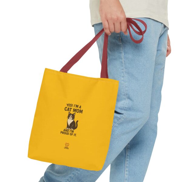 Cat Mom Tote Bag - Proud Cat Owner Gift, Funny Gift for Cat Lovers, Yellow AOP Tote, Everyday Use, Eco-Friendly Shopping Bag - Image 7