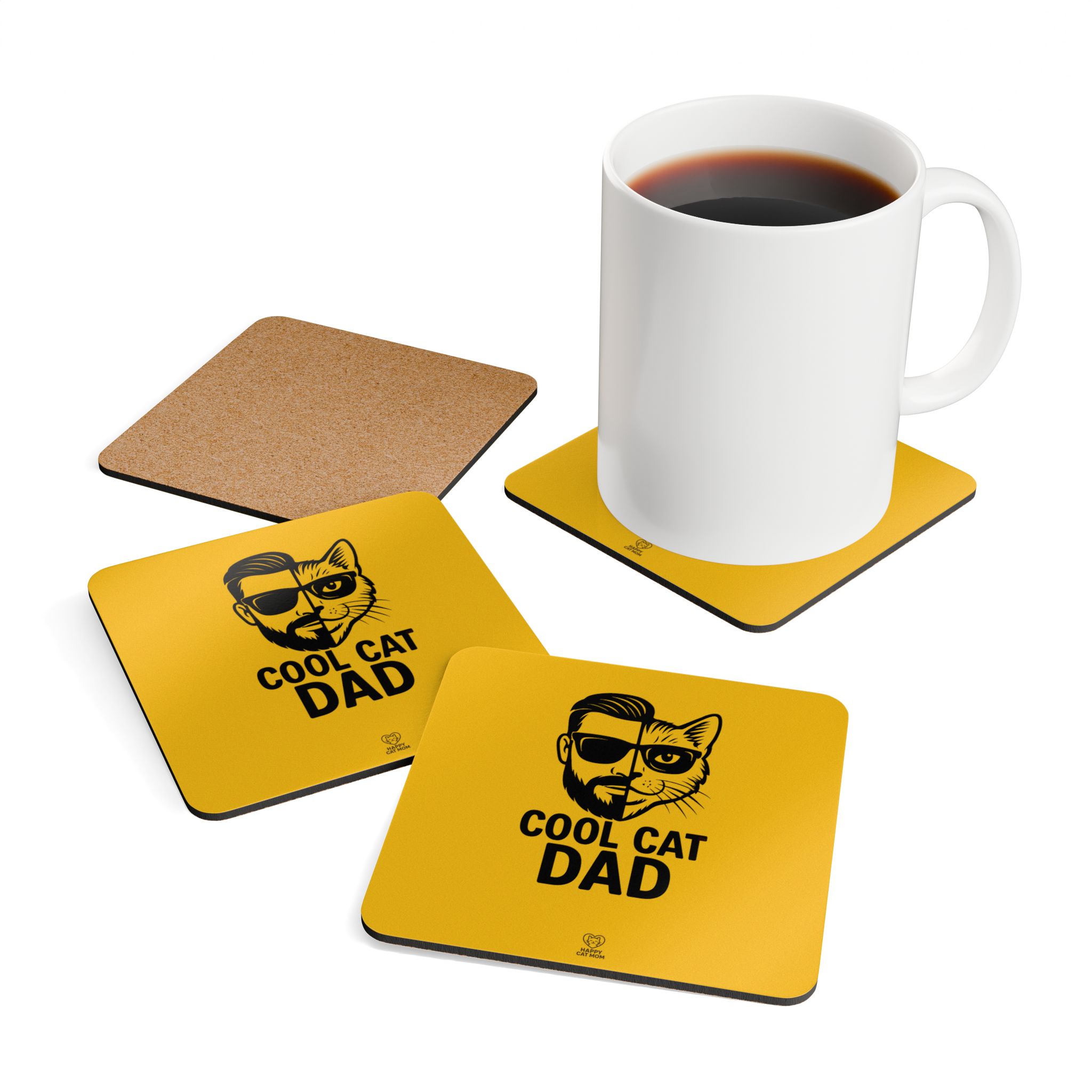 Cool Cat Dad Cork Coaster Set | Cat Dad Design, Corkwood Square Coasters - Image 4