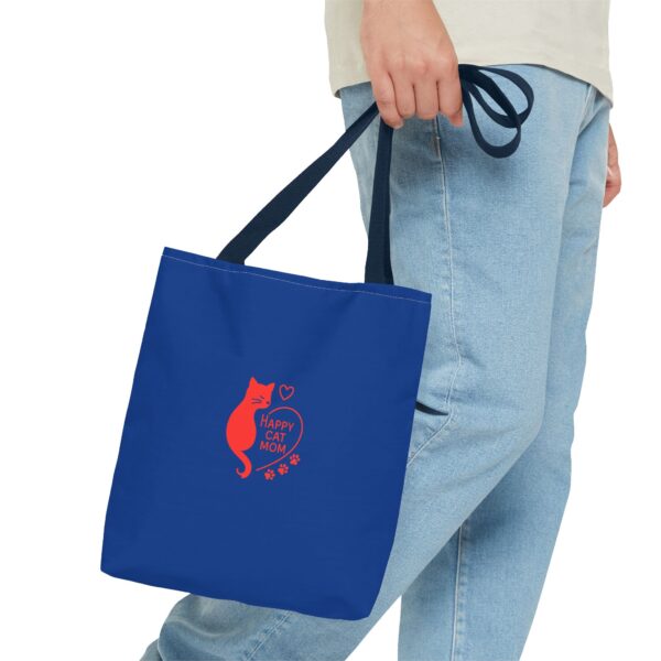 Cat Mom Tote Bag - Happy Cat Mom Gift, Blue AOP Bag, Cat Lover Accessories, Practical Shopping Tote, Cute Pet Owner Bag - Image 15