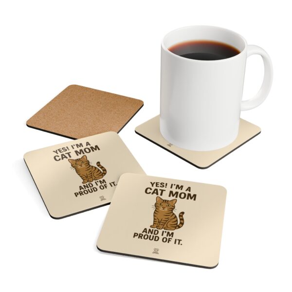 Yes,I’m a Çat Mom and I’m proud of it Corkwood Coaster Set | Cute Cat Heart Illustration - Image 4