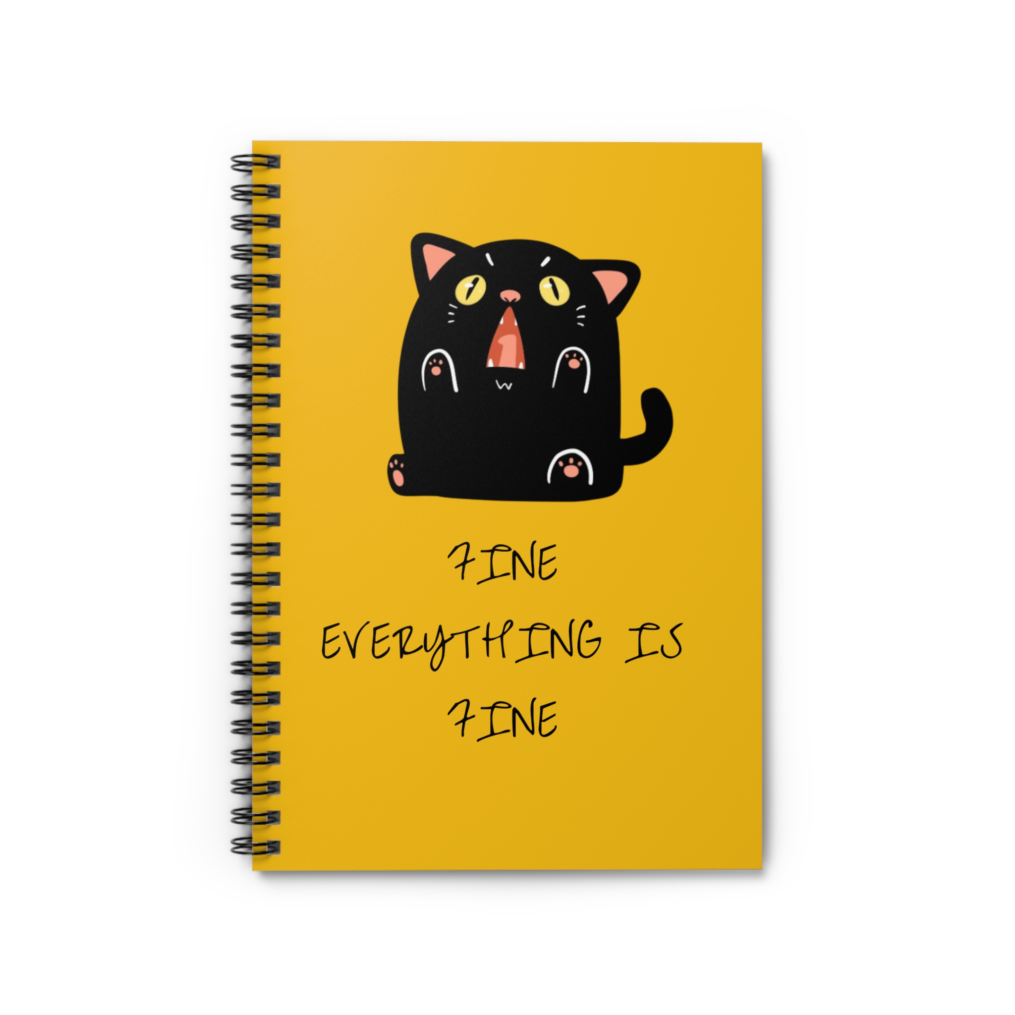 Black Cat Illustration Spiral Notebook | 'Fine Everything Is Fine' Yellow Cover