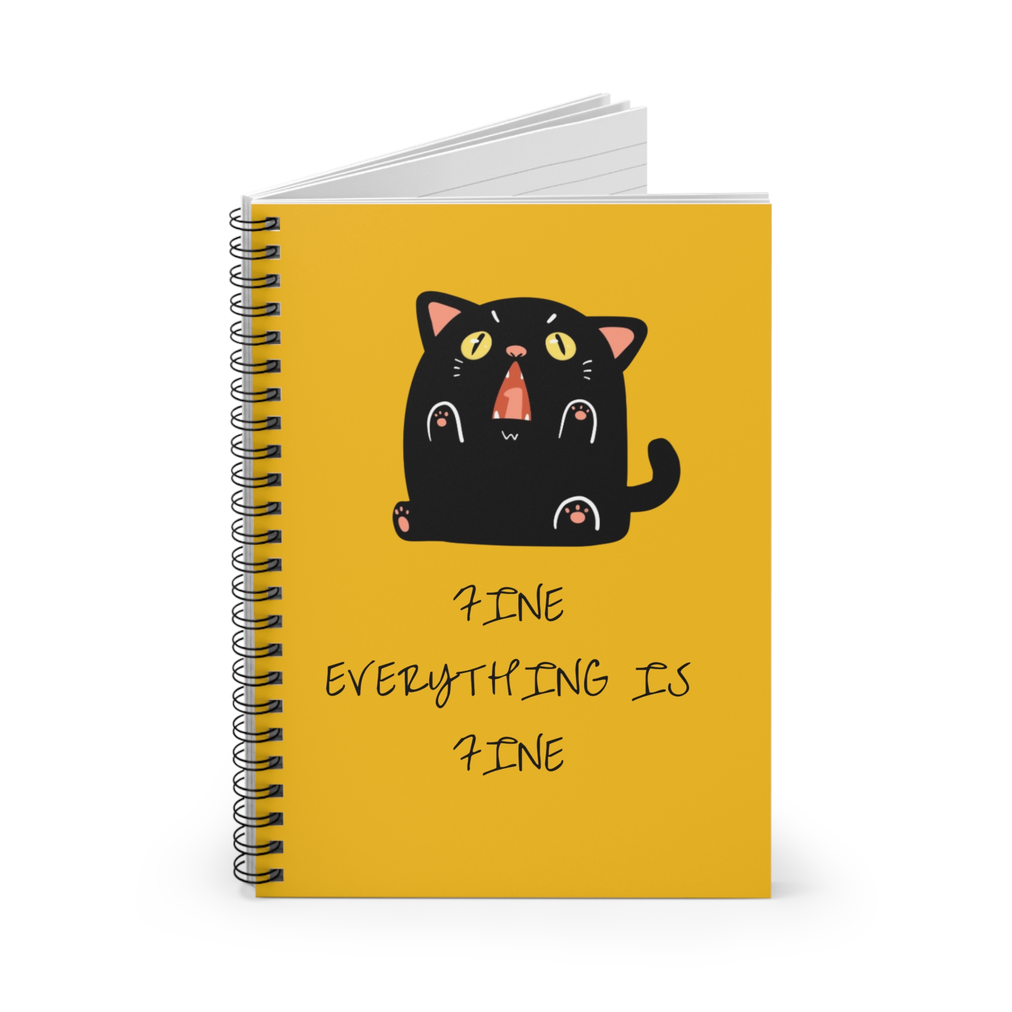 Black Cat Illustration Spiral Notebook | 'Fine Everything Is Fine' Yellow Cover - Image 2
