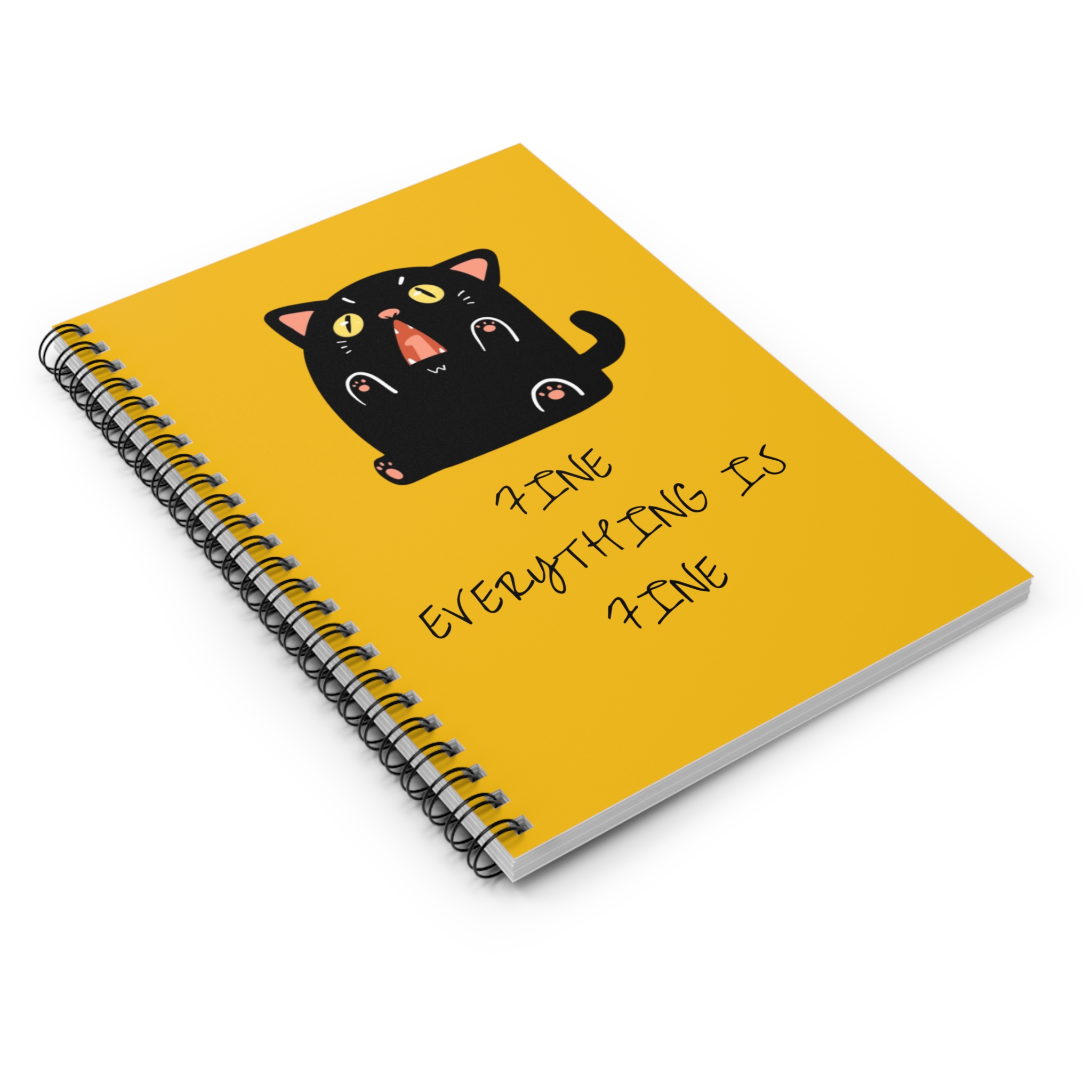 Black Cat Illustration Spiral Notebook | 'Fine Everything Is Fine' Yellow Cover - Image 3
